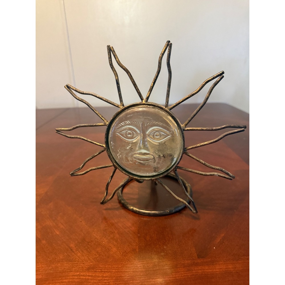 Vintage Celestial Sun Face Metal Glass Candle Holder Sunburst Bronze Tone